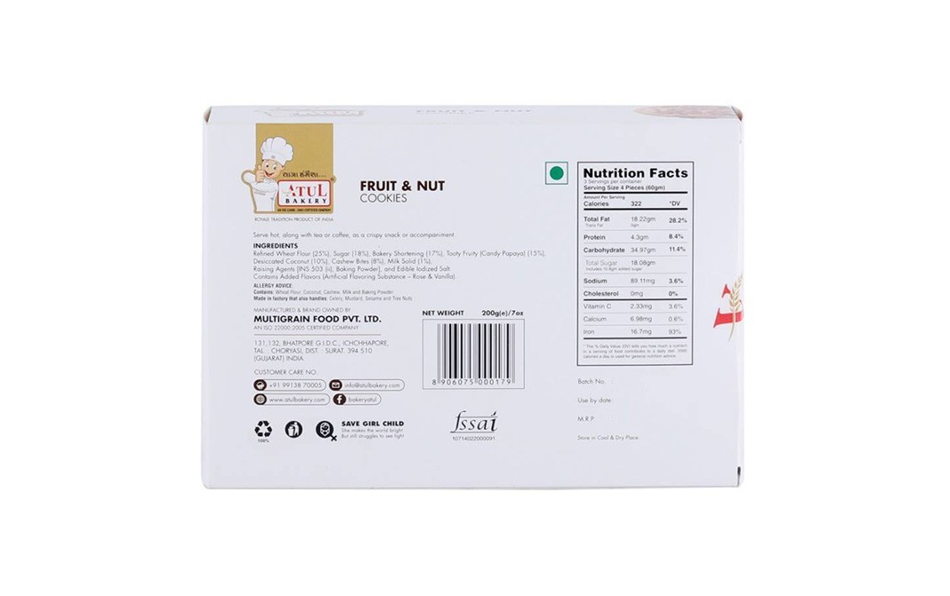 Atul Bakery Fruit & Nut Cookies    Box  200 grams